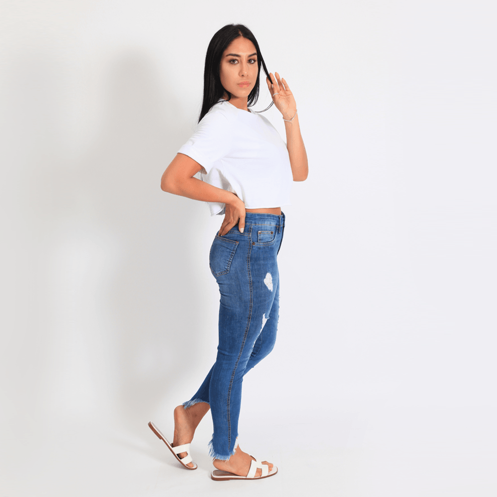 CALÇA JEANS CAPRI BARRA RECORTE