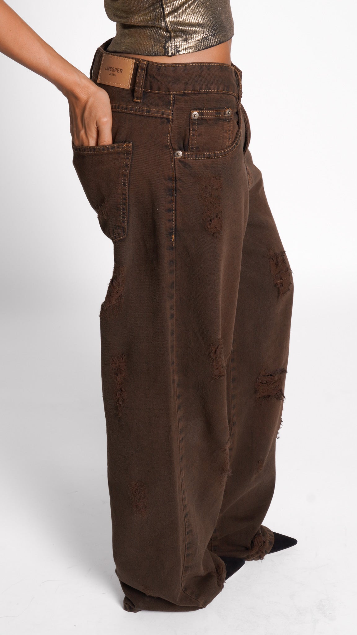 CALÇA JEANS OVERSIZED BROWN RIPPED