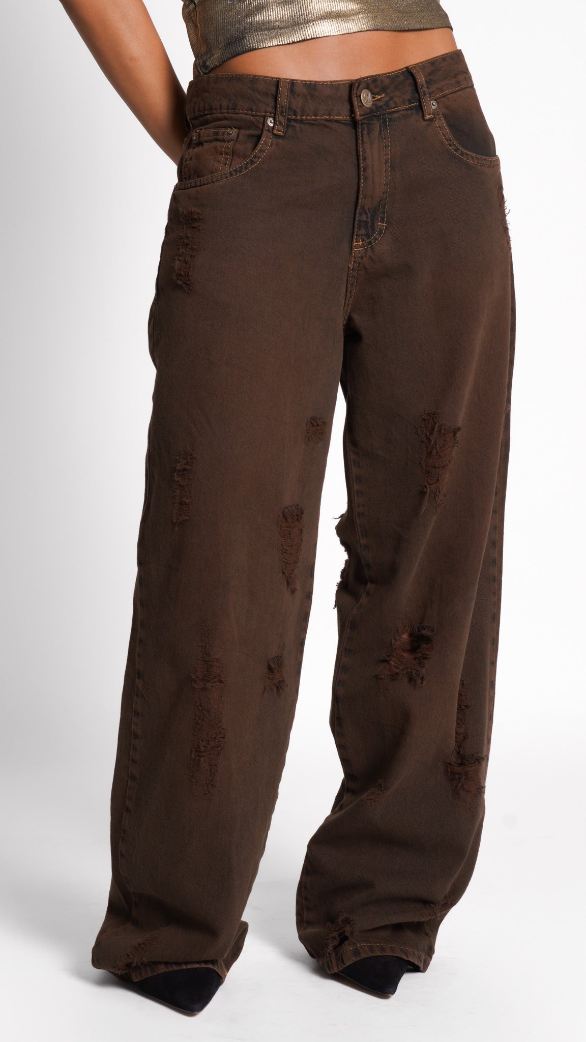 CALÇA JEANS OVERSIZED BROWN RIPPED
